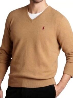 Ralph Lauren Camel V-Neck Wool Sweater with Red Pony